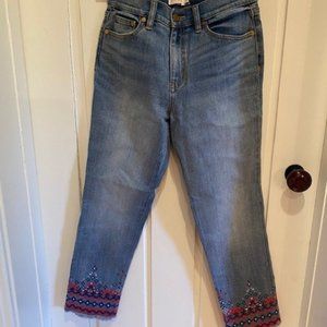 Tory Burch cross stitch embellished jeans. Size 26